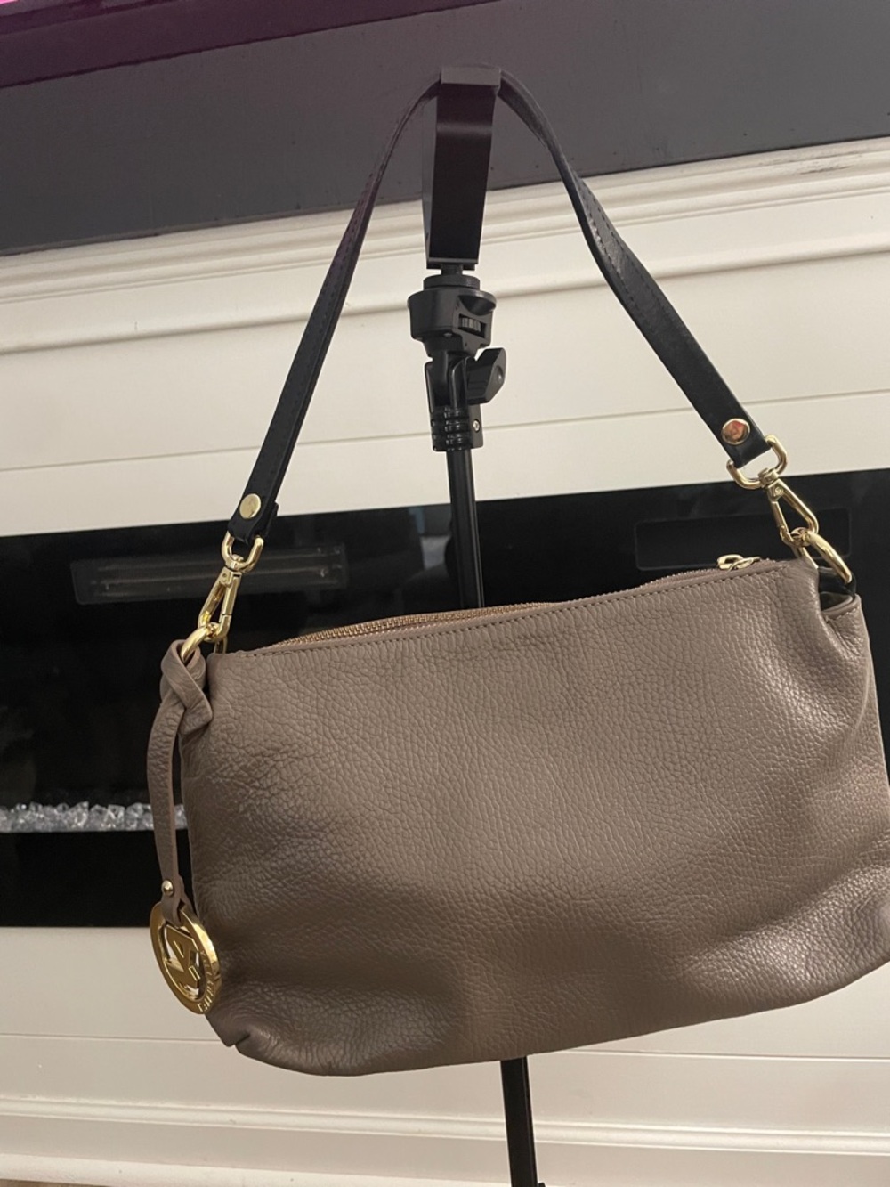 Valentina Taupe Shoulder Bag with Black Strap and Gold Accents